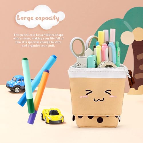 Cute Standing Pencil Case Pen Holder for Kids, Pop Up Stand UP Bubble Tea Pen Organizer Kawaii Stationary for Christmas Holiday New Year Office (Brown) - color: Brown