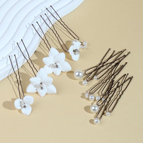Handmade Pearl Bridal Wedding Hair Pins 13Pcs White Flowers Pearls Clips Wedding Hair Accessories for Women Brides Bridesmaid - color: Set-A-Bronze