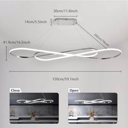 59.06in Led Chandelier Large Modern Led Pendant Light Fixture Dimmable with Remote Controller Electroplated Chrome - color: Electroplated Chrome, size: 59.06in