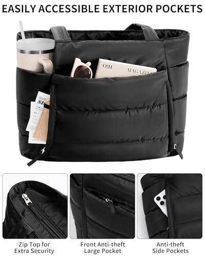 Bagstellar Puffer Tote Bag for Women, Lightweight Puffy Travel Gym Work Bag - color: Black
