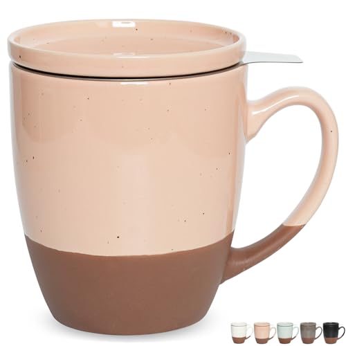 Bosmarlin Ceramic Tea Cup with Infuser and Lid, 16 Oz, Steeping Tea Mug with Strainer, Dishwasher and Microwave Safe (Light Pink) - color: Light Pink