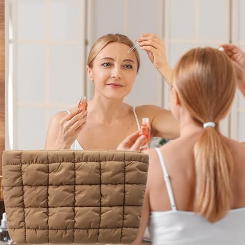 Hillban Brown Puffy Quilted Makeup Bag for Women Cosmetic Bag Gift, Classic - color: Brown, size: Classic
