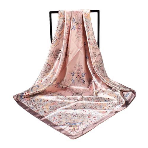 35 Inches Silk Head Scarf-Satin Hair Scarves Silk Bandana Scarf Headscarf for Women's Fashion Scarves - color: Large Floral Cashew Nut - Pink