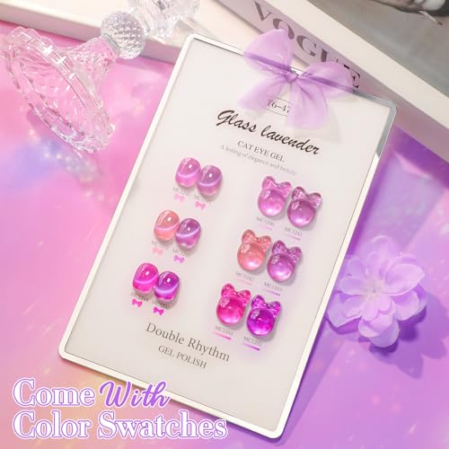 Double Rhythm Cat Eye Gel Nail Polish Set of 6 Same Color Same Bottle 0.5 Oz Shimmer Glitter with Magnet Holographic Reflective Magnetic UV Polish Kit at Home (Glass Purple Lavender -T6-47) - color: Glass Lavender