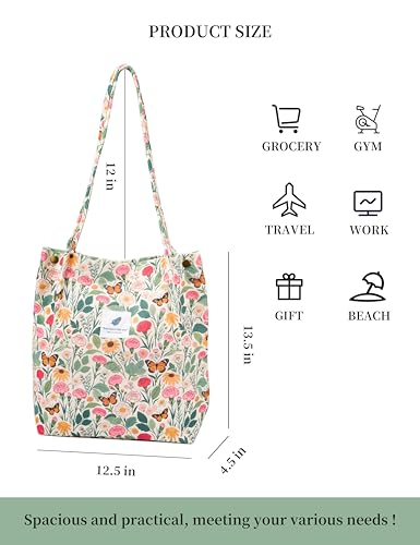 Corduroy Tote Bag Cute Tote Bags for Women Shoulder Bag with Inner Pocket for Work Beach Travel and Shopping Grocery - style: Butterfly Flower