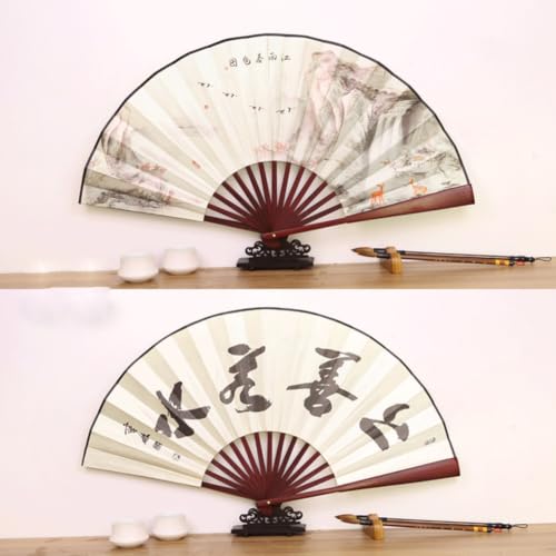 Fox Baby 2 Pcs Large Folding Hand Fans,13 inch Bamboo Fabric Fans with Chinese Traditional Painting for Performance,Decorations (Spring & Lake) - color: Spring & Lake
