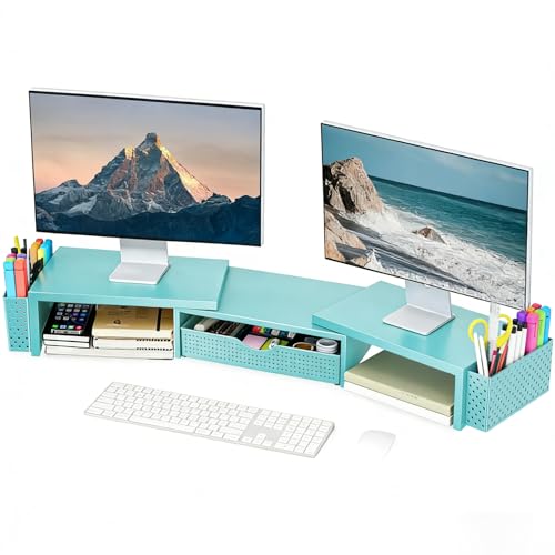 Spacrea Dual Monitor Stand Riser with Drawer and 2 Pen Holders - color: Blue