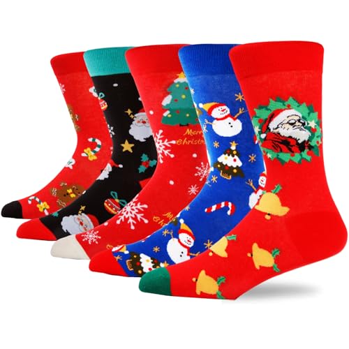 Colorful Funny Novelty Dress Socks for Men Women Teens Fathers Day Casual Fun Crazy Funky Graphic Crew Socks - color: 5 Pairs - Christmas Themed - Santa Claus & Snowman & Christmas Tree & Gingerbread Man & Bell Christmas Patterns Socks, size: 6-12