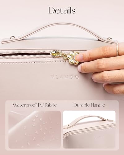 VLANDO Cosmetic Bag for Women with 180°Opening,Carry Handle,Apricot Pink - color: 03.Apricot Pink