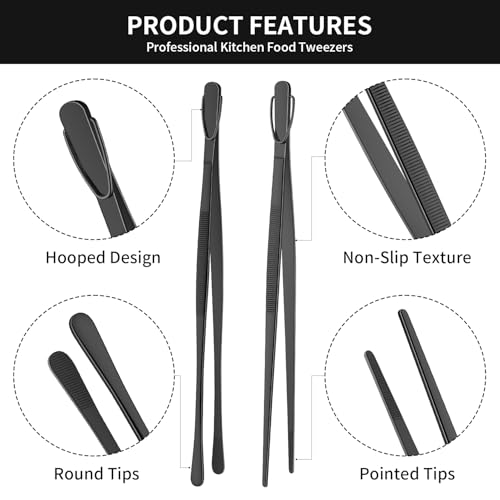 DEHOV 12 Inch Stainless Steel Black Cooking Tongs Set of 2, Metal Chef Food Tweezers For Cooking, Long Metal BBQ Tongs For Pasta, Black Pickle Grabber - color: Black