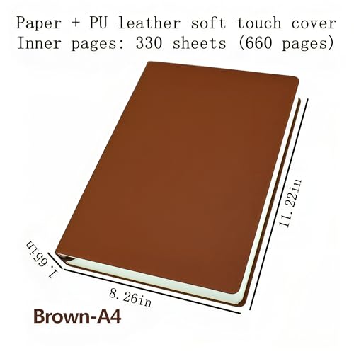 jooact Thick Sketchbook 660 Pages Notebook Soft Faux Leather Cover Journal 80GSM Paper Notepad Drawing Book Memo Writing Sketch Pad Diary Notebook - color: Brown, size: A4