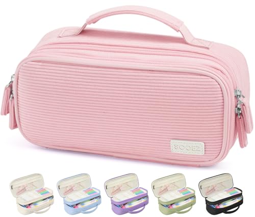 Sooez Large Pencil Case Pouch, Soft Corduroy Pencil Bag with Handle - color: Pink
