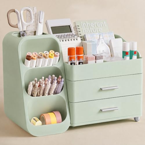 HBlife Desk Organizer with Pen Pencil Holder for Desk, Pen Organizer with 2 Drawers, Desk Organizers and Accessories with 4 Compartments, Desktop Storage for Office Home School Art Supplies, All Green - color: All Green