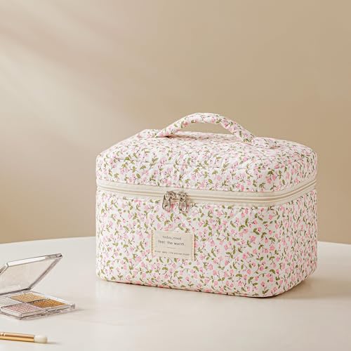 HBselect Quilted Makeup Bag, 3Pcs Cotton Large Travel Makeup Bags Organizer - color: A-3PCS-Floral 17