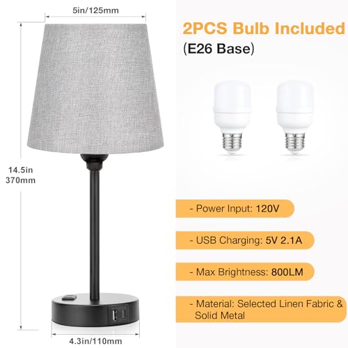 Grey Bedside Lamps Set 2 for Bedroom - Dimmable Touch, USB C+A, AC Outlet - color: Gray