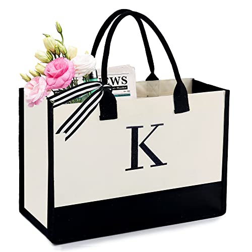 BeeGreen Embroidery Monogram Initial Tote Bag for Women Teacher Mom Friend Personalized Gift for Birthday Beach Work Wedding - color: Natural & Black, style: K