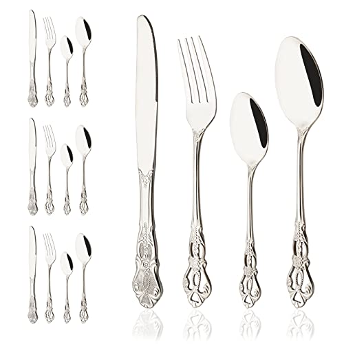 Elegant Silverware Set for 4-16 Pcs Stainless Steel Flatware Cutlery Set - Fancy Eating Utensils for Home Kitchen Restaurant, Retro Metal Knives Spoons Forks Set, Mirror Polished - size: 16pcs service for 4