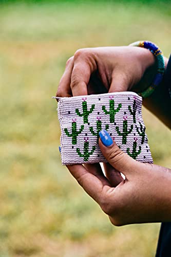 Multi Saguaro Cactus Pattern Czech Glass Seed Beaded Coin Purse Zipper Pouch - Womens Fashion Handmade Bags Boho Travel Accessories (White) - color: White