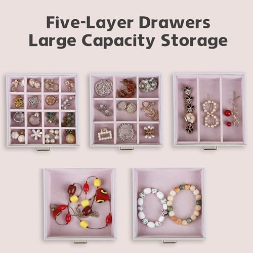 Kendal Jewelry Box, 6-Layer Jewelry Storage Organizer for Necklace Bracelet Rings Watch, 10.2"x8.2"x6" Classic PU Leather 5 Drawers Large Storage Capacity with Mirror - color: White, size: Medium(10.2"x8.2"x6")