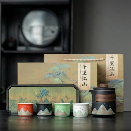 Gongfu Tea Set with Gift Box - Complete Chinese Ceramic Teapot Set with 1 Pot, 4 Color Cups, Tea Tray & Strainer, Elegant Mountain Painting Design for Wedding, Birthday Gift or Office Decor - color: Black Hand-Grip Teapot & 4-Color Teacups