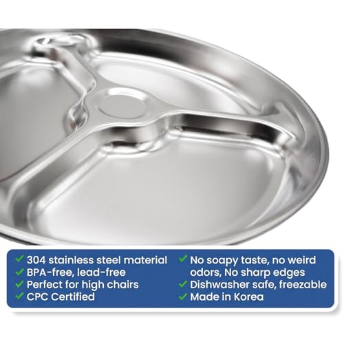 Korean Stainless Steel Divided Plates for Toddlers & Kids, Non-Toxic, 2PK - size: 3 Compartments (Round)