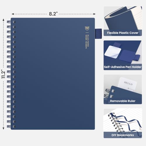 EMSHOI Lined Spiral Journal Notebook, 300 Pages, A4 Size (8.2'' x 11.2'') - color: Navy Blue, size: A4