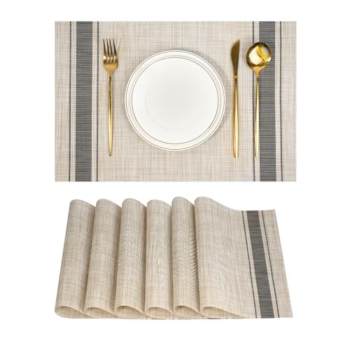 Placemats Set of 6，Non-Slip PVC Weave Table Mats Easy to Clean，Heat Resistant Place Mats for Kitchen Dining Table Decoration Indoor Outdoor，Khaki Gray - color: Khaki Gray