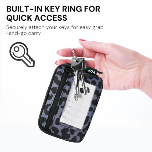 Wristlet Wallet for Women with Clear ID Window, Zip Coin Purse and Keychain - color: Charcoal Leopard