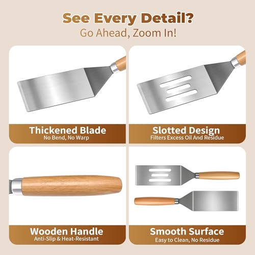 2Pc Stainless Steel Mini Spatula Wooden Handles Cooking Baking Serving - color: 1PC SOLID+1PC SLOTTED