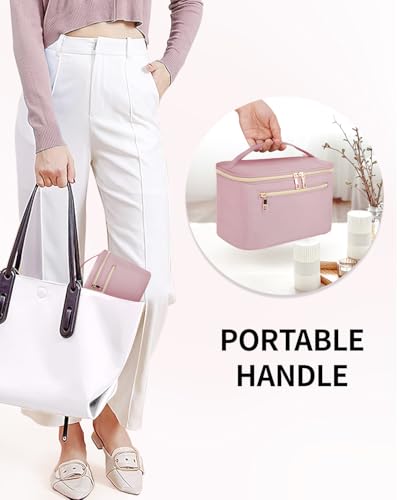 Wandering Nature Makeup Bag, Women Travel Make Up Vanity Case with Handle - color: Pink, size: Large