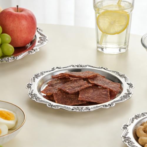 Cabilock 2pcs Retro Decorative Serving Tray, 5.90 Inch Round Vintage Metal Dessert Plates, Coffee Table Tray, Party Serving Platters Home Decor for Snacks Fruit Jewelry, Silver