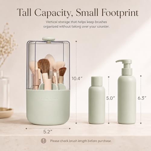 EACHY Makeup Brush Holder with Lid, Rotating Makeup Brush Organizer, Green - color: Green