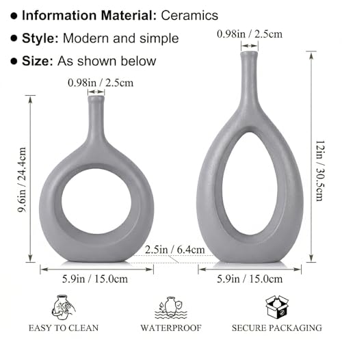 Gray Ceramic Hollow Elliptical Vase Set of 2 - Boho Circle Vase with Hole, for Modern Grey Table Decor, Living Room Decor Shelf mid Century Modern Home Entrance Decorative vase - color: Gray