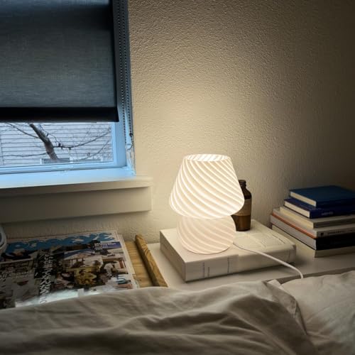 ONEWISH Mushroom Lamp-Small Bedside Table Lamp with Striped Glass, Nightstand Lamp for Bedroom, Living Room, 3000K E26 Bulb Included(White) - color: White