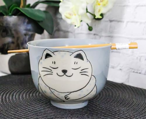 Ebros Gift Artistic Donburi Ramen Udon Noodles Soup Salad 5" D 18Oz Bowl With Bamboo Chopsticks And Built In Rest Set Asian Dining Kitchen Accent (Blue Chubby Kitty Cat) - color: Blue Chubby Kitty Cat