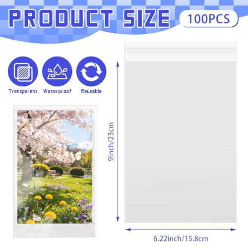 VOKOY 100 Pack Cellophane Bags Self Sealing, Resealable Clear Plastic Sleeves for 6 x 9 Inch Photos Art Prints Paintings Frame Mats Cookie Candy, 6-1/5 x 9 Inch - size: 6 x 9 Inch, style: 100 Pack