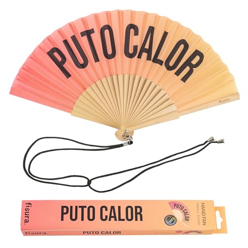 Fisura – Original Gradient Folding Fan with Message “P*to calor”. Wooden Handheld Fan for Women with Hanger. Accessory for Weddings, Parties, Festivals, Birthdays and Fun Gift Ideas. - color: Calor, Sunset Gradient