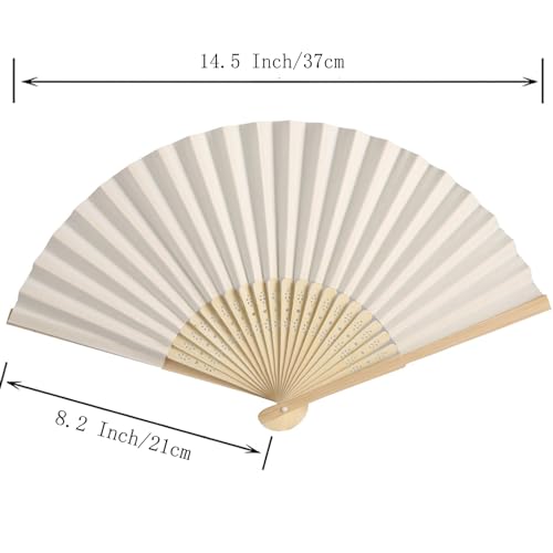 50pcs Paper Hand Fan with Organza Bags Bamboo Handheld Folding Fans DIY Decorative Wedding Party Favors (Cream) - color: Cream