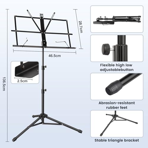 New Bee Music Stand for Sheet with Carrying Bag, Metal Sheet Music Stand Portable, Adjustable Podium Stand with Tripod Base and Sheet Music Folder - Black - color: Dark Black
