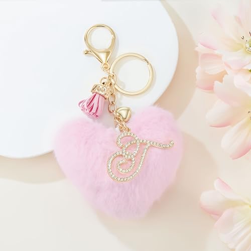 Initial Letter Heart Pom Pom Keychain for Women Pink Soft Fluffy Ball Key Ring for Purse Backpack Handbag - color: T