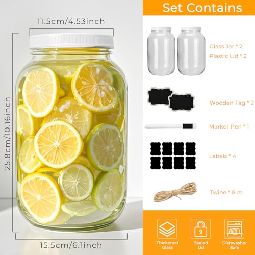 Cyclemore 2 Pack 1 Gallon Clear Glass Jar with Airtight Leakproof Plastic Lid, BPA-Free Dishwasher Safe Wide Mouth Jar for Fermenting, Kombucha, Kefir, Canning, Sun Tea and Food Storage