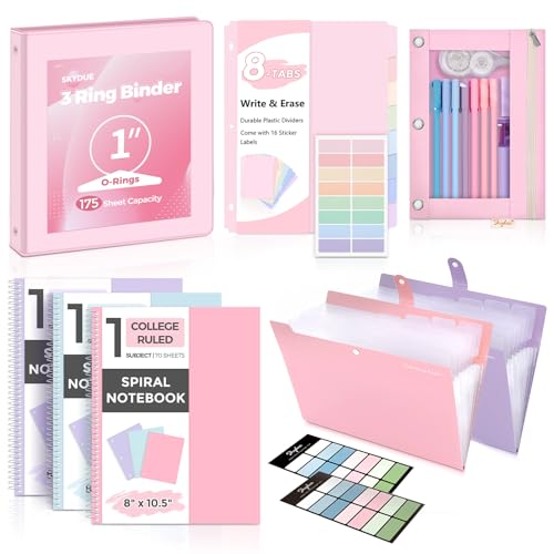 SKYDUE Pink School Supplies Set – 1" 3-Ring Binder, 2 Expanding File Folders, 3 Spiral Notebooks, 8 Tab Dividers & Pencil Pouch – Cute Stationery for High School Stude, College Essentials - color: Pink
