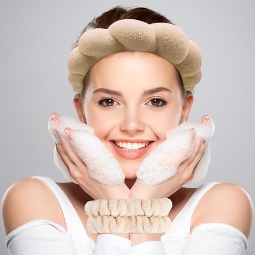 Zkptops Spa Headband for Washing Face Wristband Set Sponge Makeup Skincare Terry Cloth Bubble Soft Get Ready Hairband for Women Girl Puffy Padded Headwear Non Slip Thick Hair Accessory(Brown) - color: YR Brown