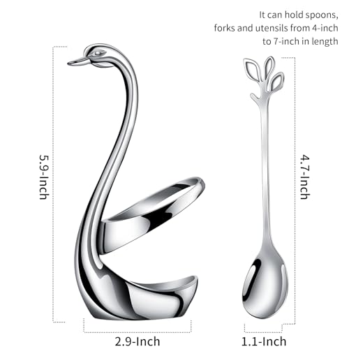 AnSaw Silver Swan Base Holder Set with 10 Pcs 4.7" Mini Leaf Spoon & Fork - color: Silver Swan