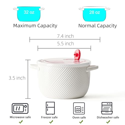 Ceramic Soup Bowl with Lid & Handle, Microwave Safe 32 oz, White - color: White, size: 1 pcs