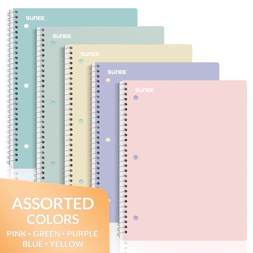 SUNEE Spiral Notebooks, 1-Subject, 5 Pack, College Ruled Paper, 8" x 10-1/2", 70 Sheets per Notebook,3-Hole Punched Paper, Pink,Purple, Blue, Green, Yellow Spiral Lined Notebooks for School,Work - style: Pastel | 5 Pack