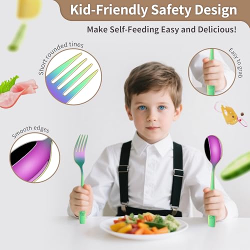 DEHOV Rainbow Toddler Eating Utensils Set,Set Of 12 Food Grade Stainless Steel Silverware Sets For Kids,Dishwasher Safe Children Small Metal Spoons And Forks Flatware Sets - color: Rainbow