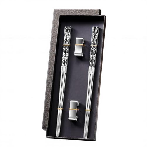 JEETEE Metal Chopsticks, 2 Pairs Stainless Steel with Holder - color: Gray