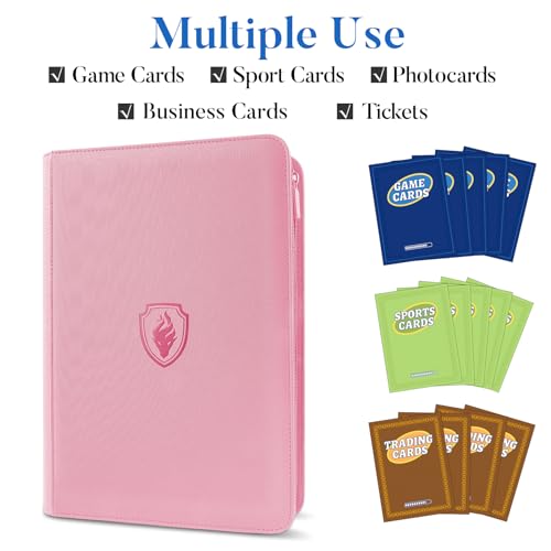 Premium Zip Card Binder, Fabmaker 9 Pocket Trading Card Binder PU Cover - color: Pink, size: 9 Pocket - 13.9" x 10.5"