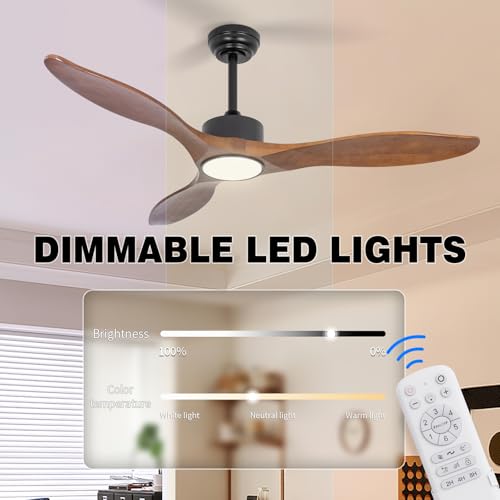 52 Inch Brown Wood Ceiling Fan with Light and Remote - color: Brown wood ceiling fan - pointed